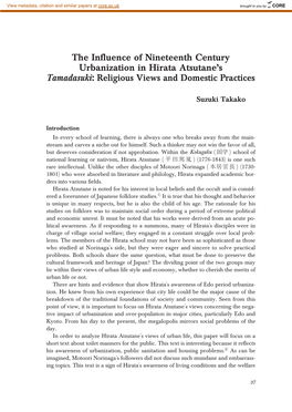 The Influence of Nineteenth Century Urbanization in Hirata Atsutane's