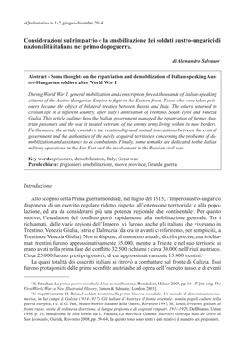 Considerazioni Sul Rimpatrio E La Smobilitazione Dei Soldati Austro-Ungarici Di Nazionalità Italiana Nel Primo Dopoguerra