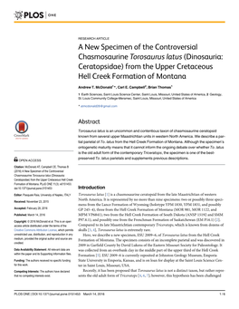 A New Specimen of the Controversial Chasmosaurine Torosaurus Latus (Dinosauria: Ceratopsidae) from the Upper Cretaceous Hell Creek Formation of Montana