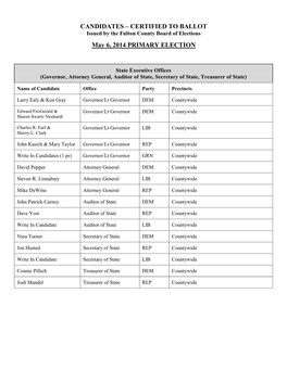 CANDIDATES – CERTIFIED to BALLOT Issued by the Fulton County Board of Elections
