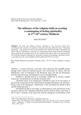 The Influence of the Religious Faith on Creating a Communion of Feeling Spirituality in 17Th-18Th Century Moldavia