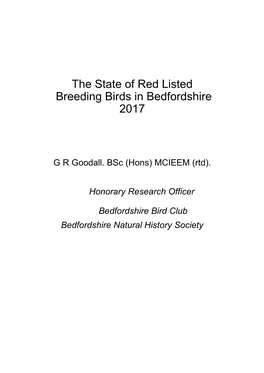 The State of Red Listed Breeding Birds in Bedfordshire 2017