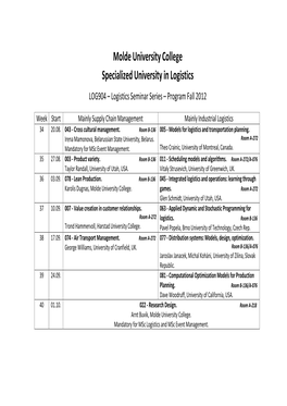 Molde University College Specialized University in Logistics LOG904 – Logistics Seminar Series – Program Fall 2012