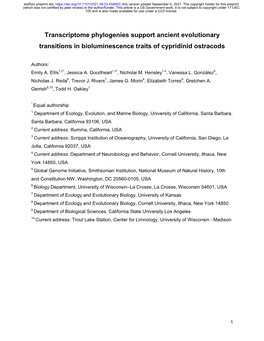 Transcriptome Phylogenies Support Ancient Evolutionary Transitions in Bioluminescence Traits of Cypridinid Ostracods