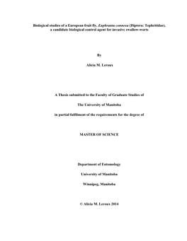 Biological Studies of a European Fruit Fly, Euphranta Connexa (Diptera: Tephritidae), a Candidate Biological Control Agent for Invasive Swallow-Worts