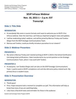 SEVP Infocus Webinar Nov. 10, 2015 1 – 2 P.M