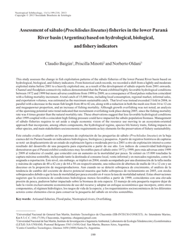 Assessment of Sábalo (Prochilodus Lineatus) Fisheries in the Lower Paraná River Basin (Argentina) Based on Hydrological, Biological, and Fishery Indicators