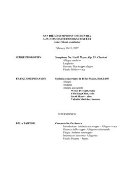 SAN DIEGO SYMPHONY ORCHESTRA a JACOBS MASTERWORKS CONCERT Lahav Shani, Conductor February 10-11, 2017 SERGE PROKOFIEV Symphony N