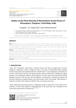 Studies on the Plant Diversity of Muniandavar Sacred Groves of Thiruvaiyaru, Thanjavur, Tamil Nadu, India