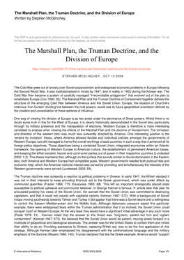 The Marshall Plan, the Truman Doctrine, and the Division of Europe Written by Stephen Mcglinchey