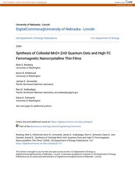 Synthesis of Colloidal Mn2+:Zno Quantum Dots and High-TC Ferromagnetic Nanocrystalline Thin Films