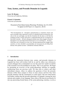 Tone, Syntax, and Prosodic Domains in Luganda