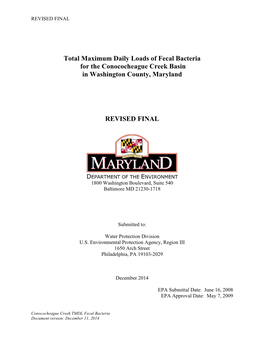 Conococheague Creek Non-Tidal Bacteria TMDL