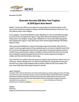 Chevrolet Corvette Z06 Wins Two Trophies at 2019 Sport Auto Award