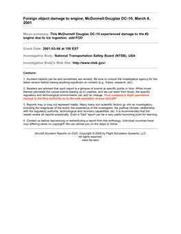 Foreign Object Damage to Engine, Mcdonnell Douglas DC-10, March 6, 2001
