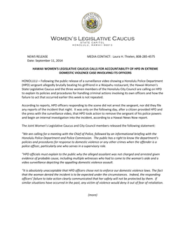 Women's Legislative Caucus Calls for Accountability of Hpd in Extreme Domestic Violence Case Involving Its Officers