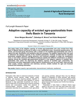 Adaptive Capacity of Evicted Agro-Pastoralists from Ihefu Basin in Tanzania