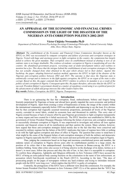 An Appraisal of the Economic and Financial Crimes Commission in the Light of the Disaster of the Nigerian Anti-Corruption Politics 2002-2015