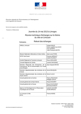 Journée Du 14 Mai 2013 À Limoges Réunion Technique D'échanges Sur Le Thème Du Vélo En Limousin Relevé Des Échanges