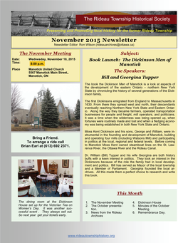 November 2015 Newsletter Newsletter Editor: Ron Wilson (Rideauarchives@Ottawa.Ca)