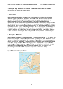 Innovation and Creativity Strategies in Helsinki Metropolitan Area – Reinvention of Regional Governance