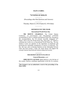 SYNOPSIS of DEBATE ______(Proceedings Other Than Questions and Answers) ______Thursday, March 22, 2012/Chaitra 02, 1934 (Saka) ______