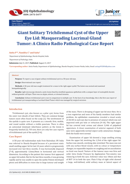 Giant Solitary Trichilemmal Cyst of the Upper Eye Lid: Masquerading Lacrimal Gland Tumor: a Clinico Radio Pathological Case Report