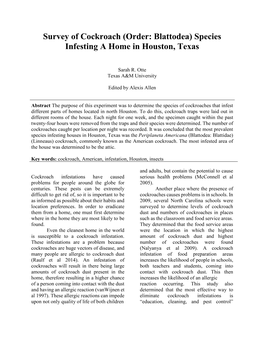 Survey of Cockroach (Order: Blattodea) Species Infesting a Home in Houston, Texas