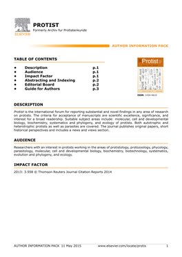 PROTIST Formerly Archiv Fur Protistenkunde