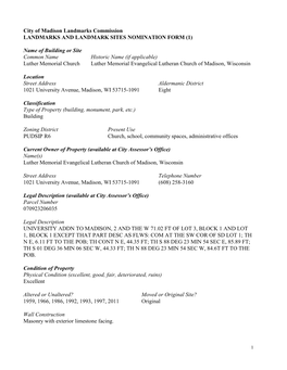 City of Madison Landmarks Commission LANDMARKS and LANDMARK SITES NOMINATION FORM (1)