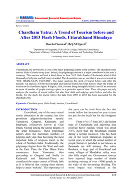 Chardham Yatra: a Trend of Tourism Before and After 2013 Flash Floods, Uttarakhand Himalaya