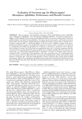 Evaluation of Vaccinium Spp. for Illinoia Pepperi (Hemiptera: Aphididae) Performance and Phenolic Content