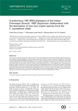 A Preliminary 16S Rrna Phylogeny of the Indian Cnemaspis Strauch, 1887 (Squamata: Gekkonidae) with the Description of Two New Cryptic Species from the C