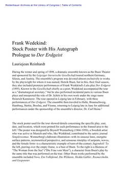 Frank Wedekind: Stock Poster with His Autograph Prologue to Der Erdgeist