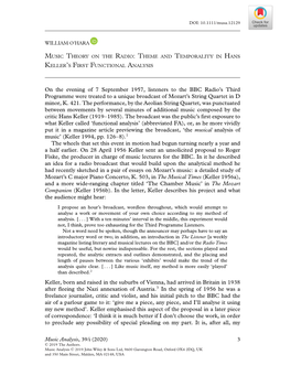 Music Theory on the Radio:Theme and Temporality in Hans Keller’S First Functional Analysis