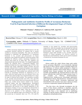 Pathogenicity and Antibiotics Sensitivity Profile of Aeromonas Bestiarum Used in Experimental Infection of Different Developmental Stages of Clarias Gariepinus