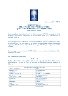 NOTICE N°121/12 RELATING to the UPDATING of the QUOTATION MODES of LISTED SECURITIES (French Version Only Available)