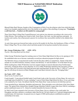 NDCP Honorees at 'LEGENDS FIELD' Dedication September 4, 2015