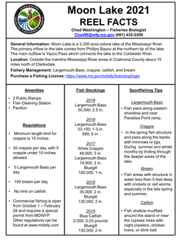 Moon Lake 2021 REEL FACTS Chad Washington – Fisheries Biologist Chadw@Wfp.Ms.Gov (601) 432-2200