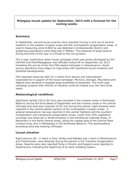 Malagasy Locust Update for September, 2013 with a Forecast for the Coming Weeks
