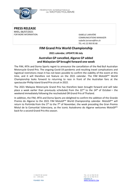 PRESS RELEASE FIM Grand Prix World Championship