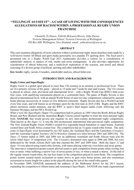 A Case of Living with the Consequences Allegations of Racism Within a Professional Rugby Union Franchise