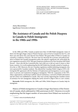 The Assistance of Canada and the Polish Diaspora in Canada to Polish Immigrants in the 1980S and 1990S