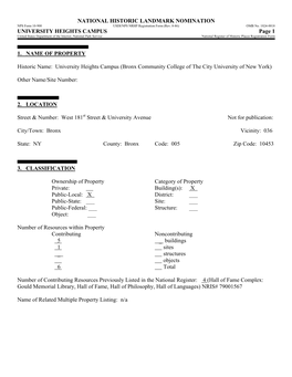 UNIVERSITY HEIGHTS CAMPUS Page 1 United States Department of the Interior, National Park Service National Register of Historic Places Registration Form