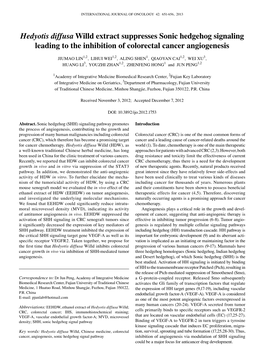 Hedyotis Diffusa Willd Extract Suppresses Sonic Hedgehog Signaling Leading to the Inhibition of Colorectal Cancer Angiogenesis