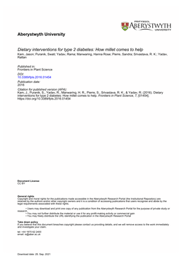 Dietary Interventions for Type 2 Diabetes: How Millet Comes to Help Kam, Jason; Puranik, Swati; Yadav, Rama; Manwaring, Hanna Rose; Pierre, Sandra; Srivastava, R