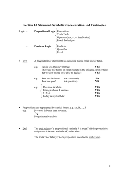 Section 1.1 Statement, Symbolic Representation, and Tautologies