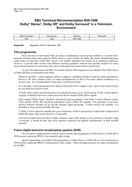 R59-1998 Dolby Stereo, Dolby SR and Dolby Surround in a TV