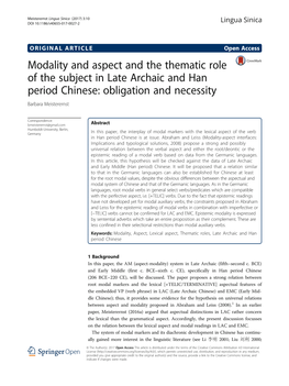 Modality and Aspect and the Thematic Role of the Subject in Late Archaic and Han Period Chinese: Obligation and Necessity Barbara Meisterernst