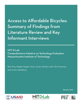 Access to Affordable Bicycles: Summary of Findings from Literature Review and Key Informant Interviews